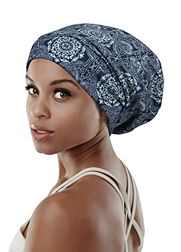 Adjustable Satin Lined Sleep Cap for Dreadlocks Curly Hair Large Head-Stay On Overnight - color: Dark Blue