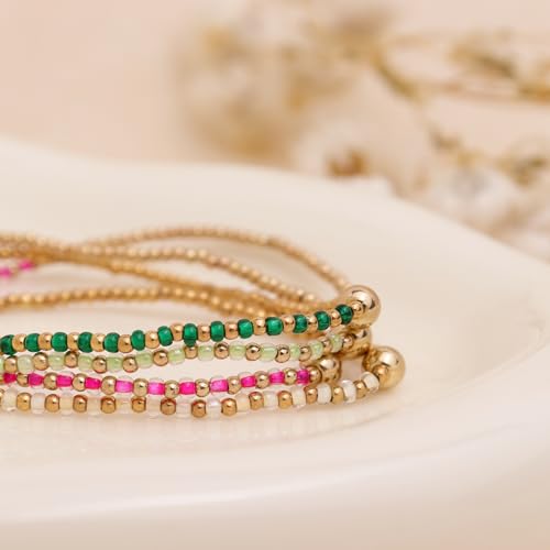 Gold Beaded Stackable Friendship Bracelets Set for Women, Handmade Boho Stretch Summer Jewelry Gift. - color: gold green fuchsia white