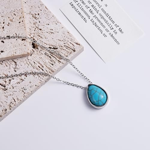 Turquoise Teardrop Necklace for Women – Silver Teardrop Turquoise Necklace with Genuine Stone, Silver Boho Gemstone Jewelry for Gift