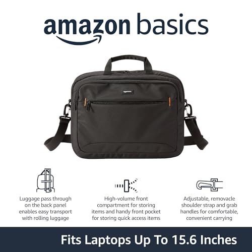 Amazon Basics 15.6 in Laptop Bag with Shoulder Strap and Handle, Large Capacity, Spacious Compartments, Black - size: 15.6 Inch, style: 1-pack