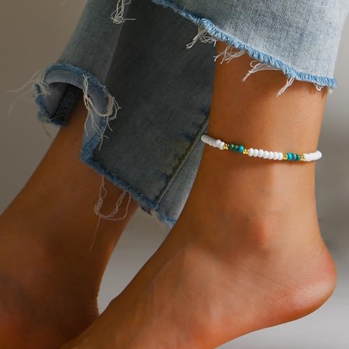 Natural Stone Beaded Anklets Bracelets for Women Handmade Beaded Anklet Bracelet Waterproof Boho Beads Ankle Bracelet Adjustable Summer Jewelry - color: white+blue