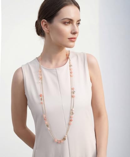 FULU AUTUMN Boho Gold Long Necklaces for Women Natural Stone Beaded Layered Long Necklace Mothers Day Gifts Dainty Flower Costume Jewelry for Women - color: Pink