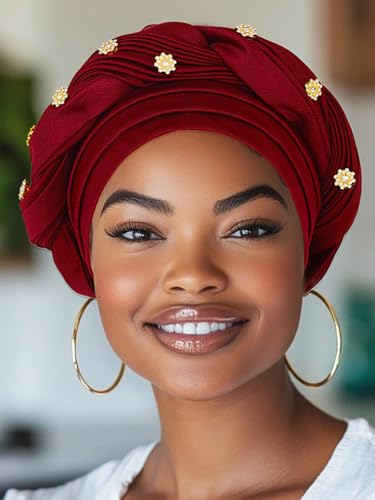 Woeoe Women African Turban Pre-Tied Twisted Beanie Cap Headwear Rhinestone Soft Stretchy Head Turbans - color: Color-2