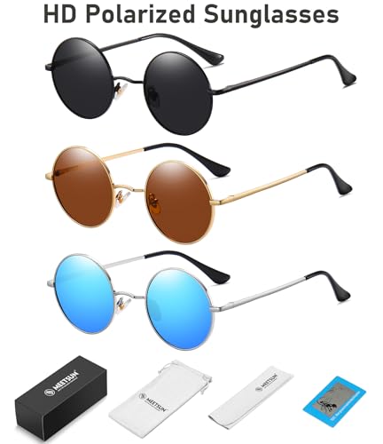MEETSUN Small Round Polarized Sunglasses for Men Women Metal Retro Hippie Circle Sun Glasses Driving Festival Cosplay UV400 - color: Black+brown+blue