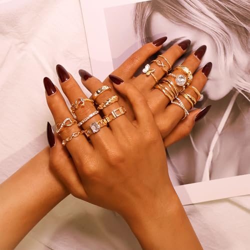 CHICUTIE Gold Knuckle Rings Set For Women Stackable Joint Finger Midi Rings Dainty Cubic Crystal Zirconia Hollow Twist Cute Pack Jewelry Gift - style: 22PCS GOLD