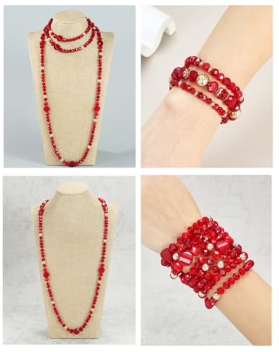 Trendy Infinity Wrap 60’’ Long Statement Necklace, Earrings and Bracelet Set - Hand Knotted Versatile Crystal and Shell Beads Strand Necklace and Chunky Beaded Stretch Bracelet Stack – Jewelry Set Gift for Women - color: Sparkly Silver and Gold