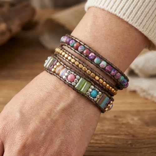 YGLINE Boho Handmade Wrap Leather Tube Crystal Stone Bracelet for Women - color: 3 wrap-mix stone