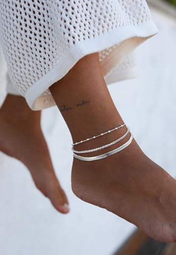 Tewiky Sterling Silver Plated Ankle Bracelets for Women,Dainty Layered Waterproof Anklet for Women Adjustable Sparkly Herringbone Beaded Rope Chain Set Stackable Cute Summer Beach Jewelry Gift - color: silver2