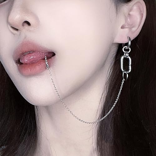 Lip Ring Chain To Ear Hoop Nose Ring Gothic Clip On Non Piercing Lip Helix Cartilage Clip On Wrap Earrings Fake Lip Rings Body Jewelry for Women - color: Clip On
