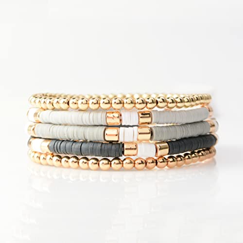 GOOJIDS Surfer Heishi Clay Bead Bracelets for Women Bohemian Stackable Gold Plated Beaded Stretch Bracelets Elastic Layering Friendship Bracelets Set Boho Jewelry - color: B-Grey Surfer Color &Gold Bead