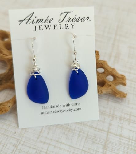 Popular Recycled Sea Glass Earrings on Sterling Silver Hooks - color: Cobalt Blue 2