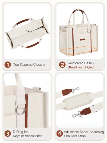 FIORETTO Women’s Canvas Tote Bag Purse with Zipper, Multi Compartment & Reinforced Bottom, Ideal for Work, Bible, Travel - color: Beige, size: Medium, style: Built-in Organizer