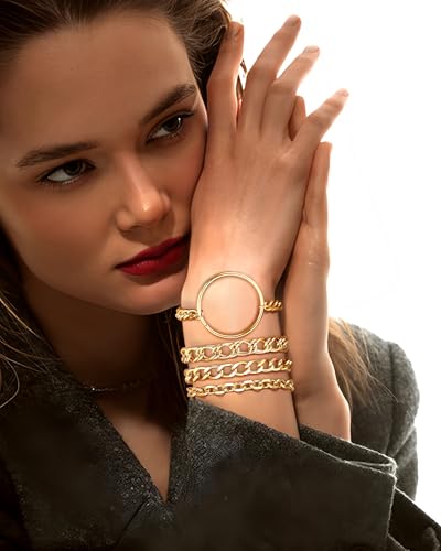 TEN MIRO 16k Chunky Gold Plated Bracelets for Women Non Tarnish, Womens Gold Plated Bracelets Stack Layered Chunky Chain Bracelets Waterproof Bangle Cuff Bracelet Mothers' Day Jewelry Gifts