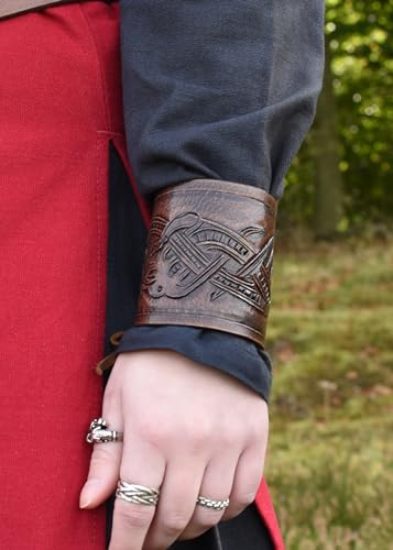 Ulfberth - Pair of Genuine Leather Bracers with Embossed Dragon Motif in Jelling Style - Viking Wristband - color: Dark Brown