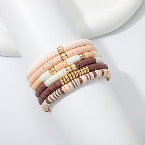 GOOJIDS Surfer Heishi Clay Bead Bracelets for Women Bohemian Stackable Gold Plated Beaded Stretch Bracelets Elastic Layering Friendship Bracelets Set Boho Jewelry - color: B-New Brown Color D