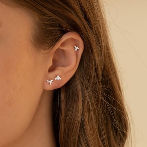 VRIUA 20G Tiny Flat Back Earrings for Women - 14K Gold/Silver Plated Small Flat Back Stud Earrings Hypoallergenic Cartilage Helix Piercing Jewelry - color: 5/6/6mm-Hummingbird Bee Dragonfly Flat Silver