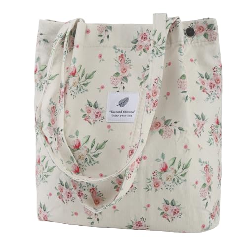 Corduroy Tote Bag for Women Small Canvas Shoulder Purse Cord Handy Bag with Inner Pocket | with Front Pocket - color: 03 Floral-2