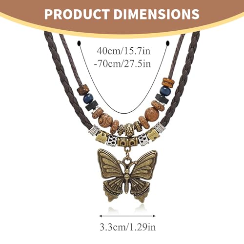 Boho Necklace for Women,Vintage Butterfly Pendant Necklaces,Adjustable Wooden Beads Layered Braided Choker,Fashion Tribal Style Leather Rope Necklace Jewelry,Chunky Statement Gift for Women - color: Black