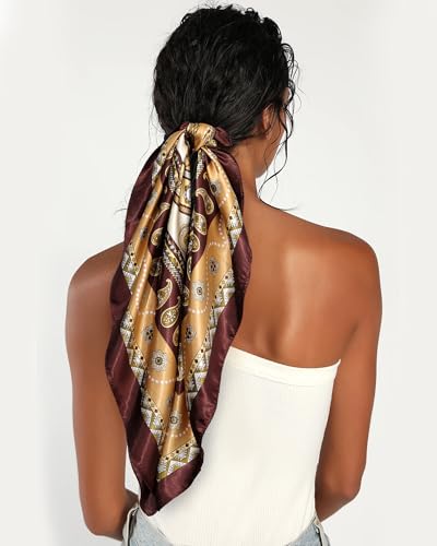 AWAYTR 35” Satin Head Scarf for Women Like Silk Scarf for Hair Scarf Satin Hair Bandana Women Headscarf Hair Wrap Scarf Neck - color: Brown