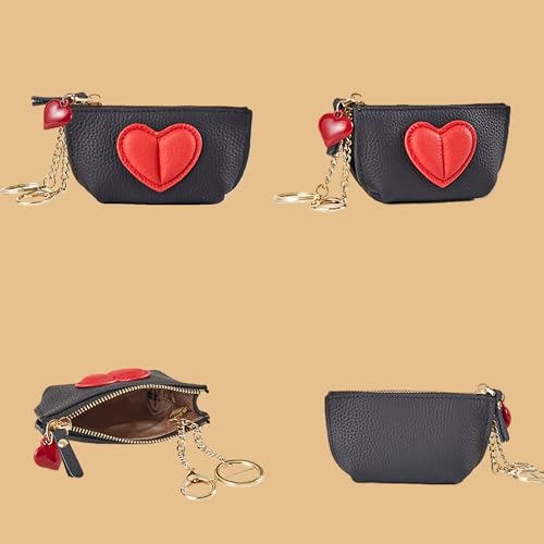 Red Heart Design Small Coin Purse - Cute Compact Keychain Change Purse Soft Leather Wallet with Zipper for Women (Black) - color: Black