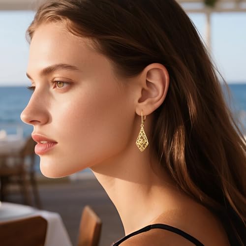 Dangle Earrings for Women, 14K Gold Plated Filigree Dangling Leverback Earrings, Silver Geometric Hypoallergenic Lightweight Dangly Drop Earings for Women Trendy Jewelry Gifts - color: A-14K Gold