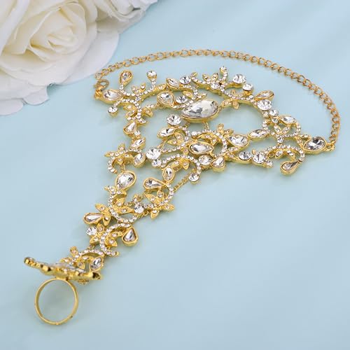 Denifery Rhinestones Finger Ring Bracelet Hand Chain Bracelets with Ring Slave Bracelets Boho Bangle Bracelets Wedding Hand Harness Hand Accessories for Women - color: Gold
