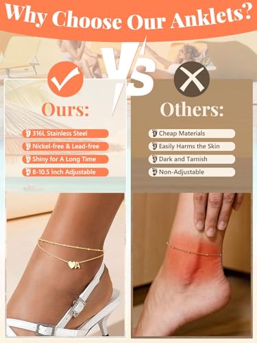 Silvora Ankle Bracelets for Women Waterproof 14K Gold/Silver/Black Initial Anklet for Women Dainty Layered Heart Ankle Bracelets Stainless Steel Adjustable Foot Chain Anklet Summer Beach Jewelry - color: Gold-14K Gold Plated, size: 13.M