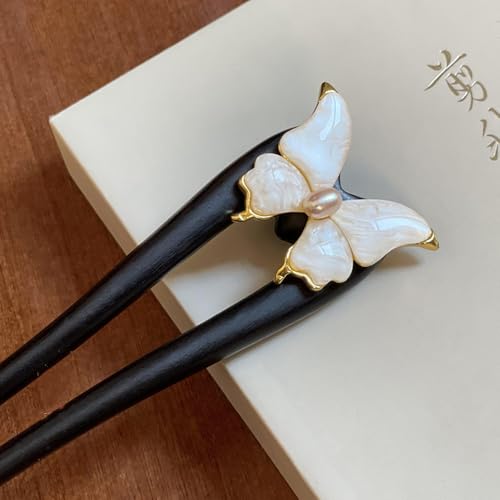 Handmade Wooden Hair Pin – U-Shaped Hair Fork with Natural Seashell Butterfly Design, French Hair Pins Clips for Women, Elegant Pearl Accent for Updos & Bun Styling 1P