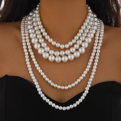Layered Pearl Necklaces for Women Big Pearl Long Chain Necklace Dainty Faux Pearl Necklaces Statement Sweater Strand Chain Jewelry - style: 5Layer