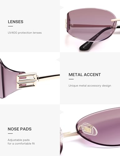SOJOS Trendy Oval Sunglasses for Women,Fashion Rimless Metal Sun Glasses Y2K Style UV400 Protected SJ1271 - color: Purple