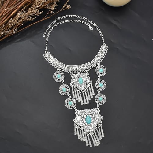 Bethynas Bohemian Ethnic Tribal Chunky Necklace Multilayer Long Tassel Turquoise Statement Neck Chain Retro Coin Gemstone Exaggerated Costume Accessories for Women - color: C-Blue