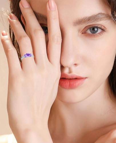 Celtic Birthstone Rings for Women 925 Sterling Silver Celtic Knot Ring 3-Stone Promise Rings for Her Wife Birthday Anniversary Wedding Jewelry - color: 02-Feb-Amethyst