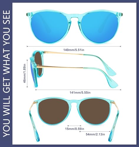 WOWSUN Retro Polarized Sunglasses Womens Trendy Round Classic Glasses - color: Black+ Transparent Blue Frame Purple-pink Mirrored + Transparent Gray Frame Purple Pink Mirrored