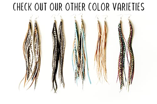 Feather Headz Bohemian handmade long lightweight feather dangle earrings for women - color: Black & Grizzly