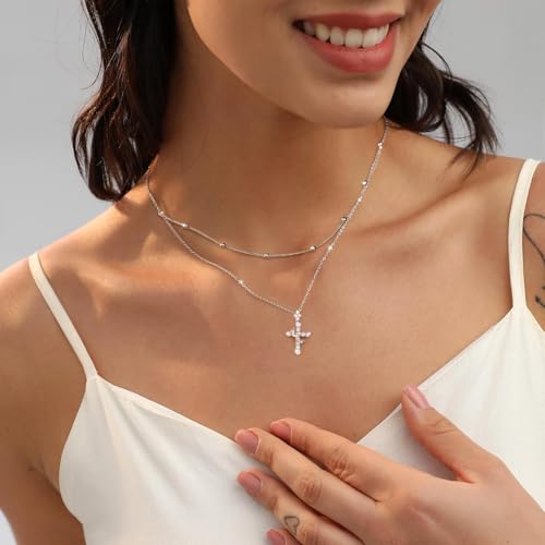 YIMERAIRE Upgraded Moissanite Crown Cross Necklace 14K Gold Vermeil 1.1 Carats Dainty Iced Out Easter Basket Stuffer Cross Jewelry S925 Sterling Silver Simple Gold Christian Faith Moissanite Cross Pendant Necklace For Women - color: Stackable-Silver