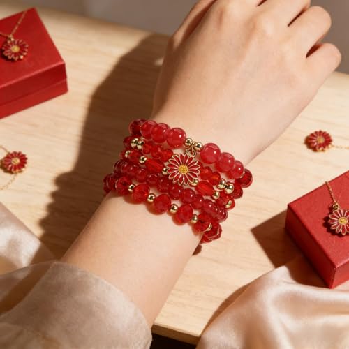 coadipress 5Pcs Bohemian Flower Stackable Bead Bracelets for Women Multilayer Crystal Glass Beaded Charm Bangles Bracelet Boho Summer Beach Hawaii Holiday Statement Jewelry - color: Red