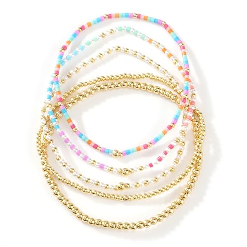 14K Gold Plated Beaded Bracelets Stack Set for Women,Stretch Boho Colorful Beads Ball Jewelry Friendship Summer Trendy - color: Pink