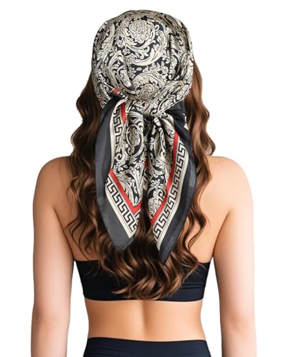 Sumolux Head Hair Scarf for Women Like Satin Silk Scarf Bandana Hair Wrapping Night Large Square Scarves 27.5" - color: Black Flowers