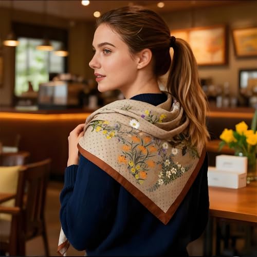 Premium Floral Scarf for Women 35x35 Square Silk Feel-Lightweight Scarves Headscarf Bandanas Wrapping Handbag - color: Light Brown