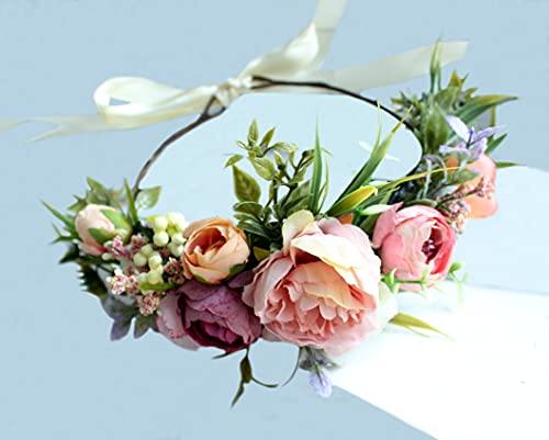Vivivalue Women Floral Crown Boho Flower Headband Hair Wreath Floral Headpiece Halo with Ribbon Wedding Party Festival Photos - color: 51