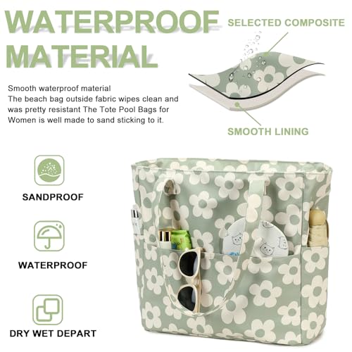 Bluboon Waterproof Beach Tote Pool Bags for Women Ladies Extra Large Carry On Bag With Wet Compartment for Weekender Travel - color: Flower 157 Green Gray