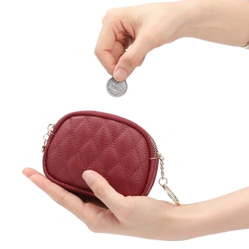 SENDEFN Women's Coin Purse Genuine Leather Wallet Small 2 Zippers Change Pouch Purse with Keychain Ring - color: 2-Red