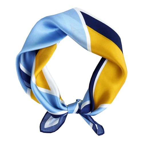 Women's Small 21 inch 100% Silk Scarf Bandana for Head Neck Hair | 100% Mulberry Silk Lightweight Designs Gift-Ready Packaging For Hair Fashion 21"x21" Printed - color: 107yellow Blue White