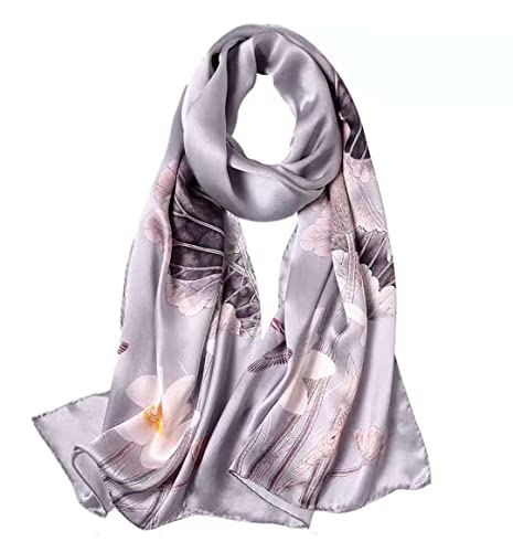 ANDANTINO 100% Silk Long Scarf-Women Large Oblong Shawls with Gift Packed - color: Lotus Pond-light Grey