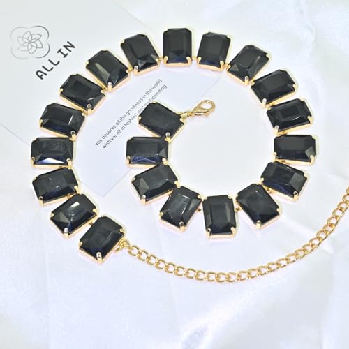 Fashionable Chunky Plated Tennis Rhinestone Statement Necklace Jewelry Set for Women Multicolor gem necklace with Great Sparkle and Shine Design for Women to Easy Match - color: black square rhinestone
