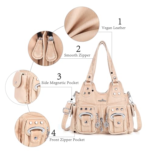 Angel Kiss Small Hobo Purses for Women, Washed Vegan Leather Multi-Pocket Purse, Shoulder Handbag with Adjustable Strap - color: Retro Apricot