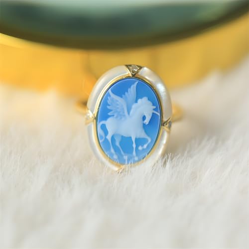 Victorian Cameo Ring in Shell Frame, Antique Agate Cameos Silhouette Rings Adjustable, Vintage Retro Art Deco Cameo Jewelry for Women - color: Blue,a