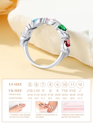 Custom4U Personalized Mothers Ring with 1-5 Birthstones Names Engraved 925 Sterling Silver/14K White Gold Plated Birthstone Rings for Women Promise Ring Birthday Jewelry Gifts for Mom Grandmother Wife - color: 5 Birthstones Ring (Engraved)