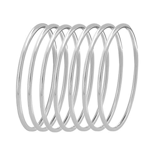 Glossy Thin Round Bangle Bracelet Set for Women, Set of 7 - color: Silver