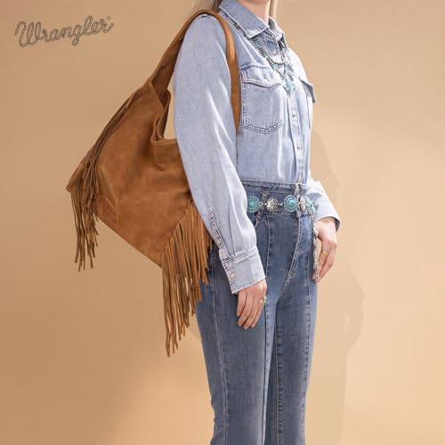 Wrangler Fringe Suede Hobo Bag for Women Leather Western Fringe Purse Tassel Hippie Shoulder Bag - color: Bright Brown